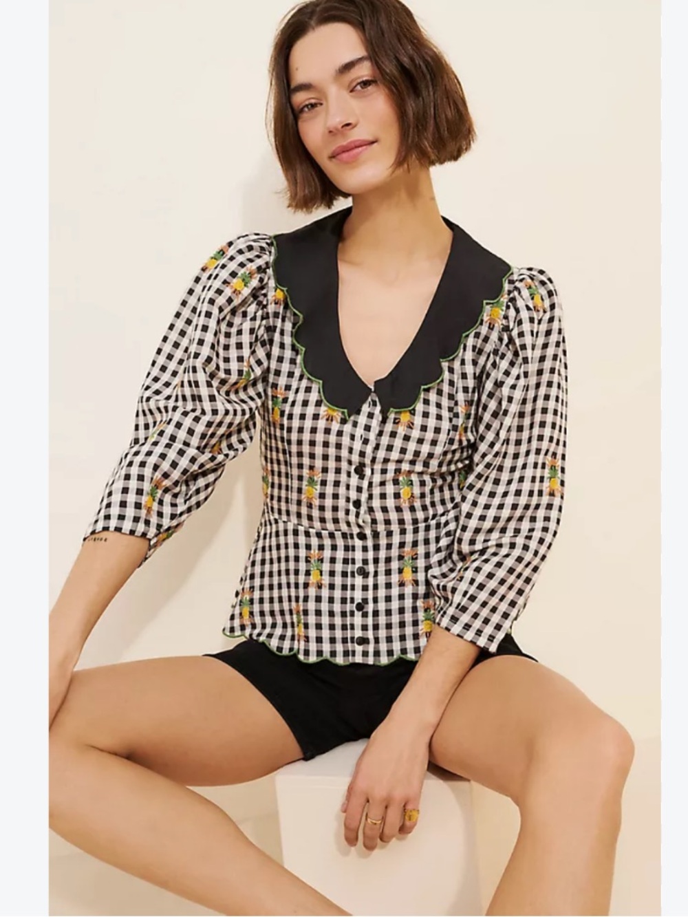 Farm Rio Blouse Linen Blend Gingham Embroidered Button Down Black White